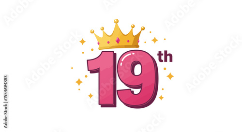 Vector Illustration of 19th Birthday Party – Pink Number Twenty Five with Crown Clip Art Icon