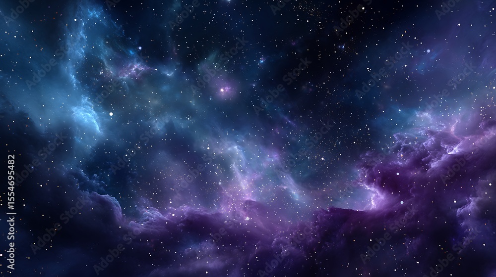 Vibrant blue and purple nebulae swirl with countless stars in deep space Vibrant blue and purple nebulae swirl with countless stars in deep space