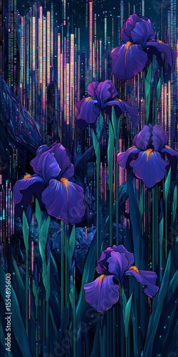 Purple iris flowers bloom in a garden with blurred background elements.