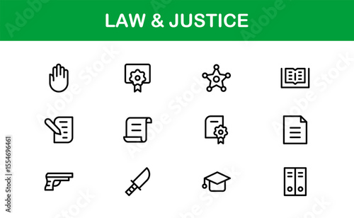 Law and Justice Line Icon Set – Modern, Professional Thin Outline Icons for Legal System, Court, Criminal Justice, Police, Crime, and Investigation