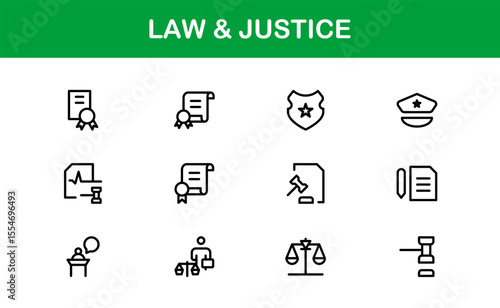 Law and Justice Line Icon Set – Modern, Professional Thin Outline Icons for Legal System, Court, Criminal Justice, Police, Crime, and Investigation
