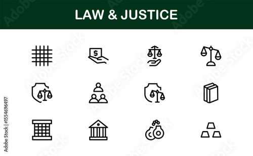 Law and Justice Line Icon Set – Modern, Professional Thin Outline Icons for Legal System, Court, Criminal Justice, Police, Crime, and Investigation