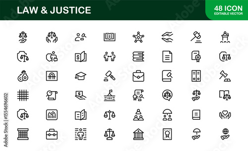 Law and Justice Line Icon Set – Modern, Professional Thin Outline Icons for Legal System, Court, Criminal Justice, Police, Crime, and Investigation