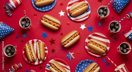 Festive Hot Dogs and Drinks Celebration with Patriotic Star Decorations