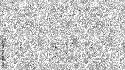 A seamless pattern of movie related icons including popcorn film reels and cinema tickets in black and white
