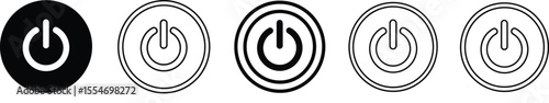 Power button icon variations set, depicting on and off symbols with different outline styles and solid shapes.