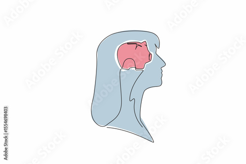Continuous one line drawing the head of a woman with a piggy bank in the middle of her head. Put saving first. Not wasteful. Inside the Head of Woman. Single line draw design vector illustration