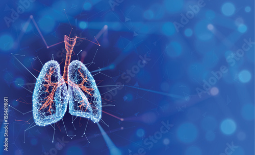 Illustration of two human lungs in a modern style using geometric shapes connected to form the shape of human lungs on a dark blue background. For medical, scientific, commercial and industry