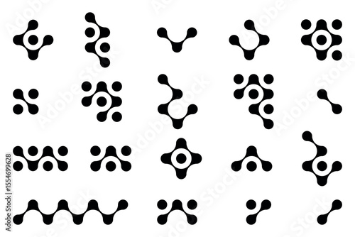Set of black metaballs, molecules, cells, DNA, neurons on white background. Set of connected dots elements isolated on white background. Vector illustration.