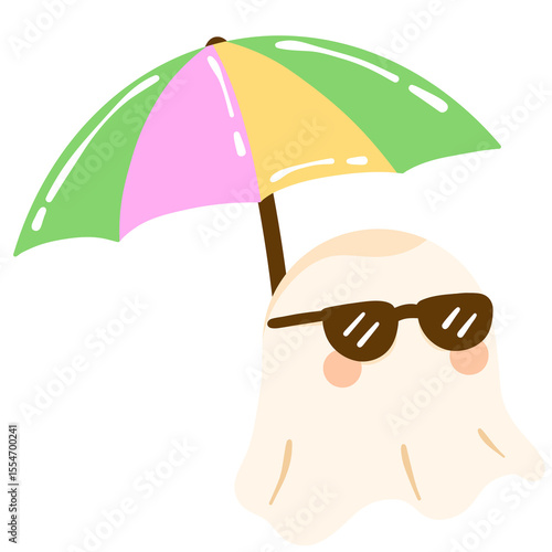 Cartoon Ghost with Sunglasses Under Umbrella