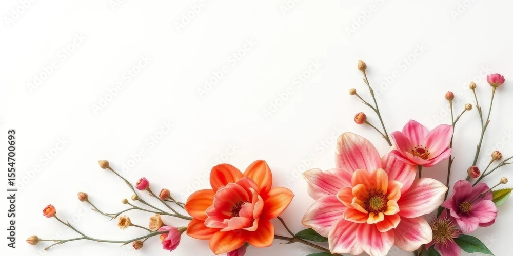 Naklejka premium Blank white page adorned with delicate watercolor flower details, creating a soft, elegant background, aesthetic, design