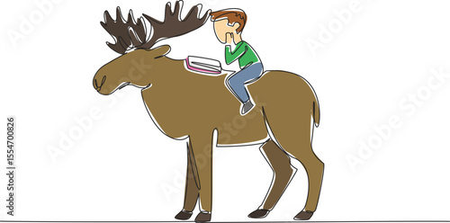 Single one line drawing boy reading book on cute moose. Seriously learn to count distribution of moose. Little observer. Boy Reading Book at Animal Back. Continuous line design graphic illustration