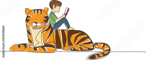 Single continuous line drawing boy reading book on cute tiger. The student who is repeating the subject. Studying. Smart. The nerd. Boy Reading Book at Animal Back. One line design vector illustration