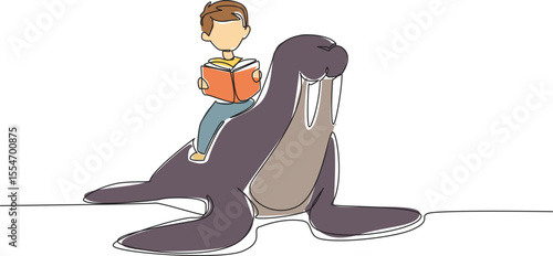 Single one line drawing boy reading book on cute walrus. Reading while practicing. Getting know animal anatomy. The nerd. Boy Reading Book at Animal Back. Continuous line design graphic illustration