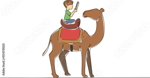 Continuous one line drawing boy reading book on cute camel. Find out main function of the camel hump. Learning from nature. Boy Reading Book at Animal Back. Single line draw design vector illustration