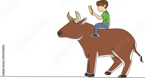 Single continuous line drawing boy reading book on cute bull. Sit seriously holding book. Increase knowledge during holiday season. Boy Reading Book at Animal Back. One line design vector illustration