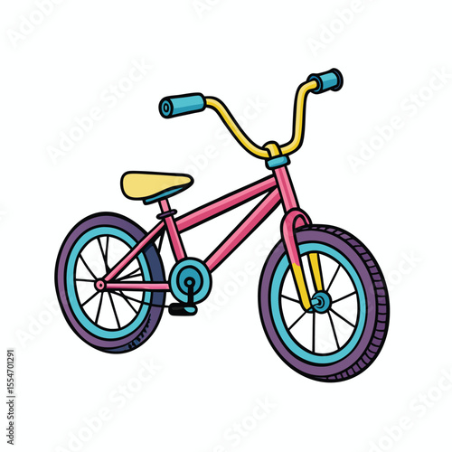 Pink bicycle with yellow handlebars and blue grips bike transportation