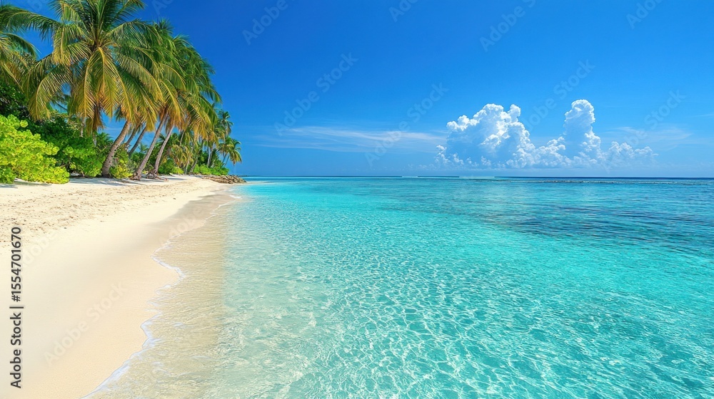 Fototapeta premium Tropical beach paradise. Turquoise water laps a pristine white sand shore lined with palm trees under a brilliant blue sky