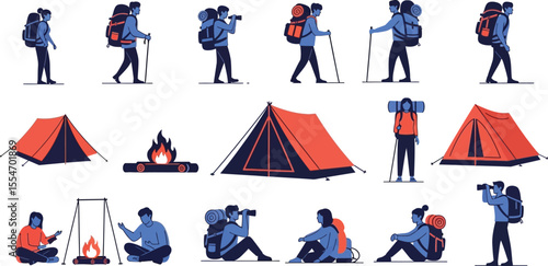 Adventurers camping outdoors with tents and trekking in nature with backpacks and walking sticks on a summer vacation.