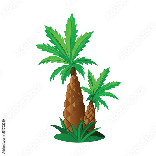 Two green palm trees with brown textured trunks vector