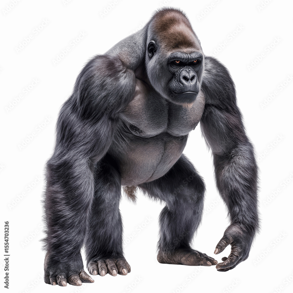 Silverback Gorilla Stance: A commanding silverback gorilla, its powerful form showcased in a full-body shot, stands confidently, embodying strength and the majesty of the animal kingdom. Silverback Gorilla Stance: A commanding silverback gorilla, its powerful form showcased in a full-body shot, stands confidently, embodying strength and the majesty of the animal kingdom.
