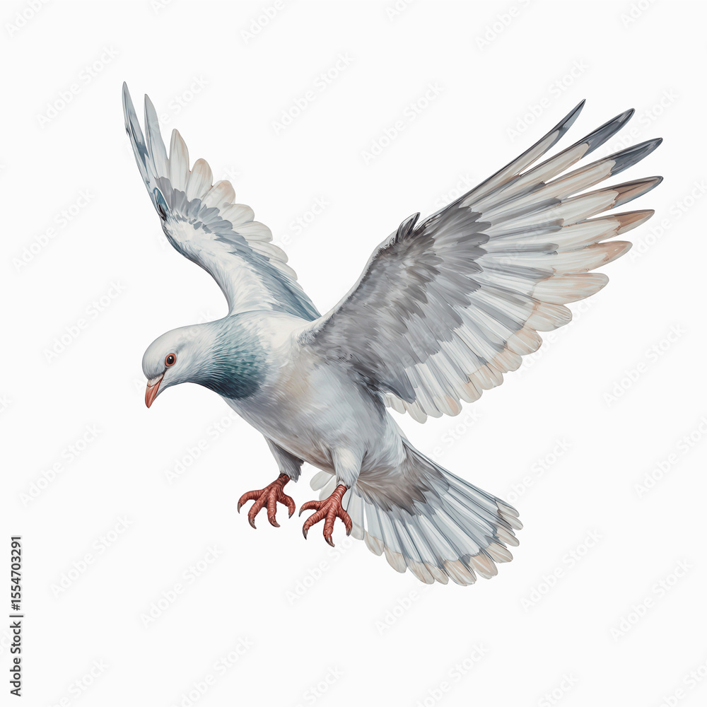 Fototapeta premium Soaring Pigeon: A realistic depiction of a pigeon in flight, showcasing its majestic wingspan against a clear sky, evoking feelings of freedom and grace.