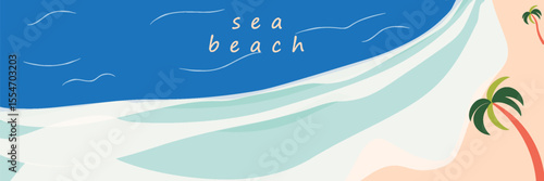 Poster, cover, sunny beach, palm trees and typography design. Summer vacation, holiday travel illustration.