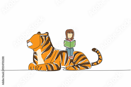 Single continuous line drawing girl reading book on cute tiger. Never stop seeking knowledge. Young girl who loves to study. Nerd. Girl Reading Book at Animal Back. One line design vector illustration