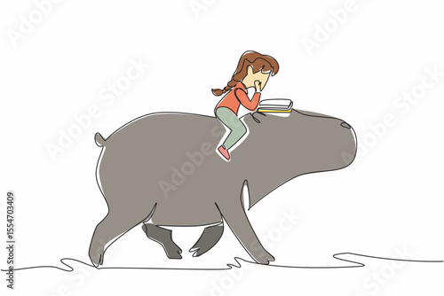 Single continuous line drawing girl reading book on cute hippopotamus. Learn to be closer to nature. Read books very seriously. Girl Reading Book at Animal Back. One line design vector illustration
