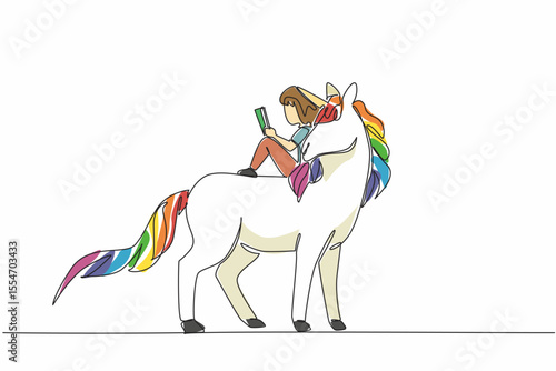 Single one line drawing the girl reading book on cute unicorn. Sitting back. Relaxed but very serious reading. The nerd. Girl Reading Book at Animal Back. Continuous line design graphic illustration