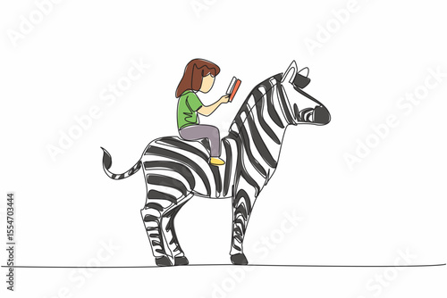 Single continuous line drawing young girl reading book on cute zebra. Get ready for the final exam. Study seriously. The nerd. Girl Reading Book at Animal Back. One line design vector illustration