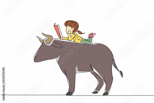 Single one line drawing the young girl reading book on cute bull. Lying face down reading seriously. Focus. The nerd. Girl Reading Book at Animal Back. Continuous line design graphic illustration
