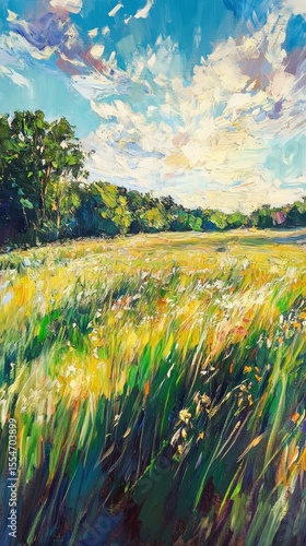 Grassy field with trees under a blue sky with clouds sunny day.