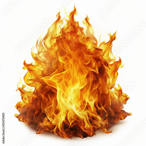 Fiery blaze erupts in a dramatic display of vibrant orange and yellow flames, isolated against a clean white backdrop.