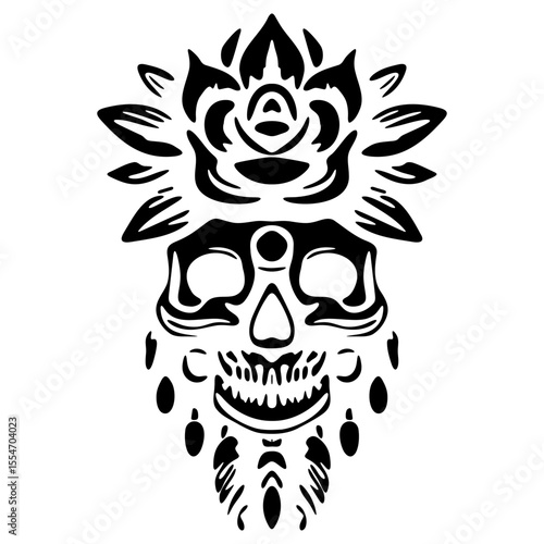 A silhouette of a skull adorned with a single flower, symbolizing the contrast between life and death.