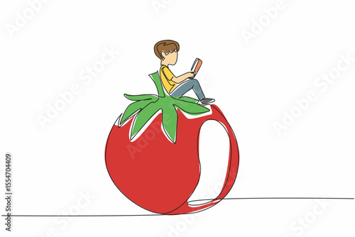 Continuous one line drawing young boy reading on tomato. Read seriously. Looking for additional knowledge. Nerd. Boy Reading Book at Vegetables and Fruits. Single line draw design vector illustration