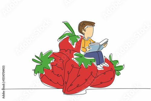Single continuous line drawing boy reading on pile of strawberries. Learning how to harvest properly. Very satisfactory. Boy Reading Book at Vegetables and Fruits. One line design vector illustration