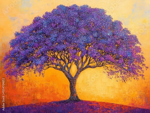 A tree with purple flowers stands against a warm orange and yellow sky.