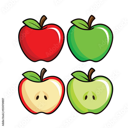 Red and green apples whole and halved vector illustration fruit