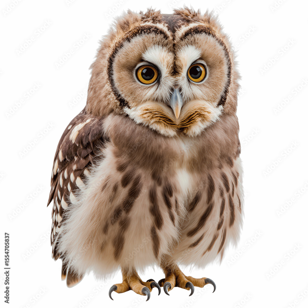 Naklejka premium Owl Staring: A curious, majestic owl with captivating, sharp eyes looks intently, creating a moment of pure connection with nature