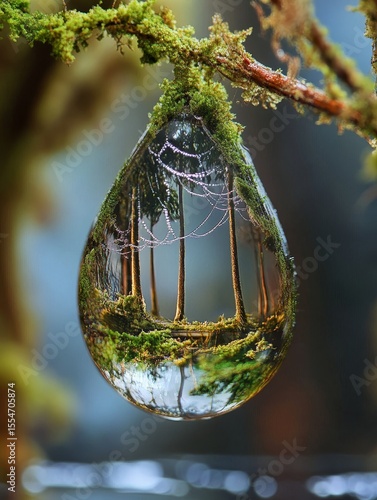 Water droplet hangs from a mossy branch reflecting a forest scene inside.