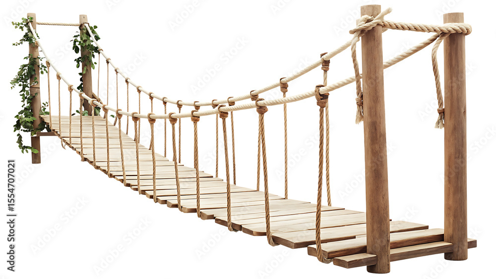 Naklejka premium Wooden rope suspension bridge jungle vines isolated on a transparent background wooden bridge