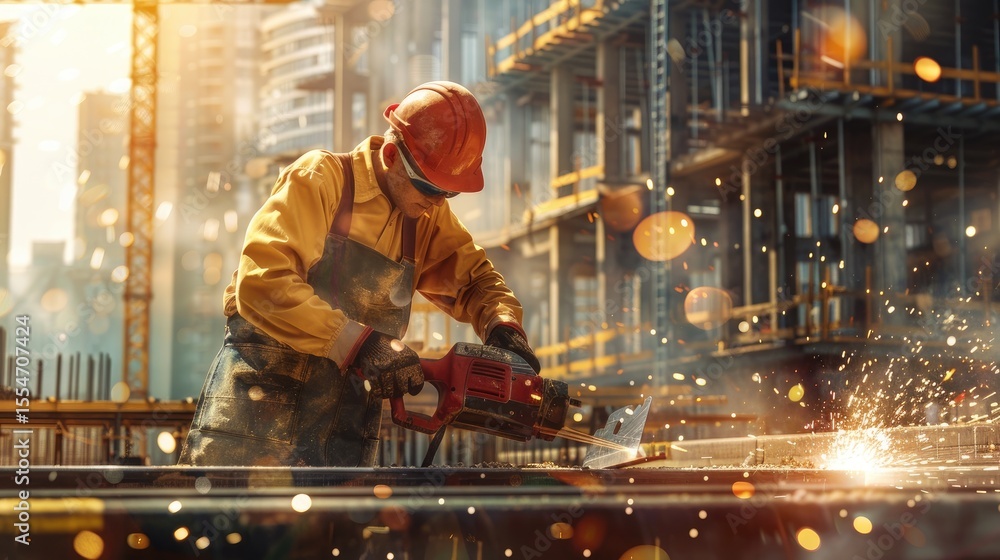 A worker in safety gear and protective glasses is working on the railroad tracks, welding them together with an industrial welding machine to create new paths for trains. A worker in safety gear and protective glasses is working on the railroad tracks, welding them together with an industrial welding machine to create new paths for trains.