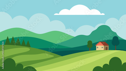 Peaceful rural landscape with rolling green hills and a small house