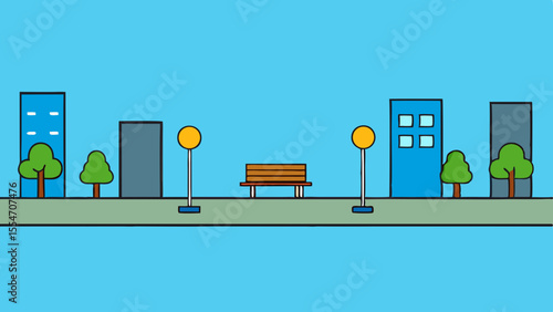 Simple cartoon cityscape with buildings trees bench and streetlights on a blue sky background