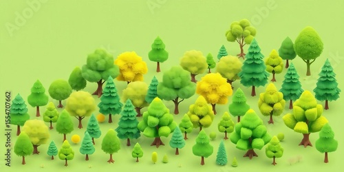 Collection of flat isometric green trees, various sizes and styles,  background,  botanical
