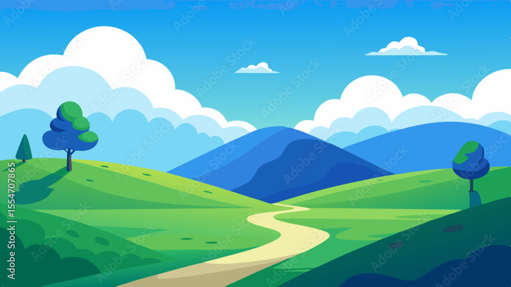 Obraz premium Stylized landscape with rolling green hills blue mountains and a winding path