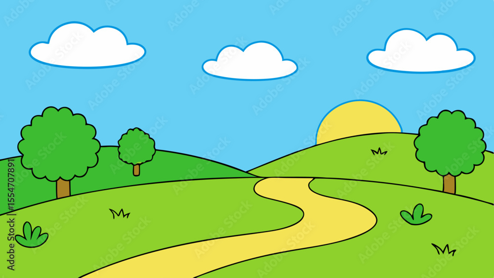 Fototapeta premium Cartoon landscape with rolling green hills a yellow path and fluffy clouds