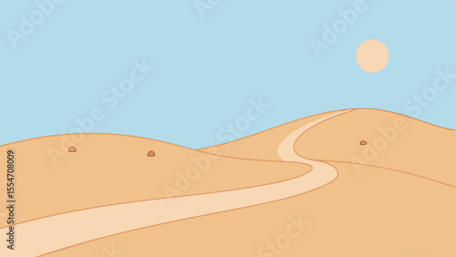 A winding path leads over rolling sand dunes under a clear blue sky