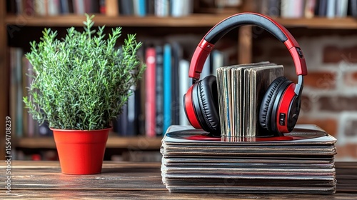 Headphones, CDs, and vinyl records on a wooden table in a library setting